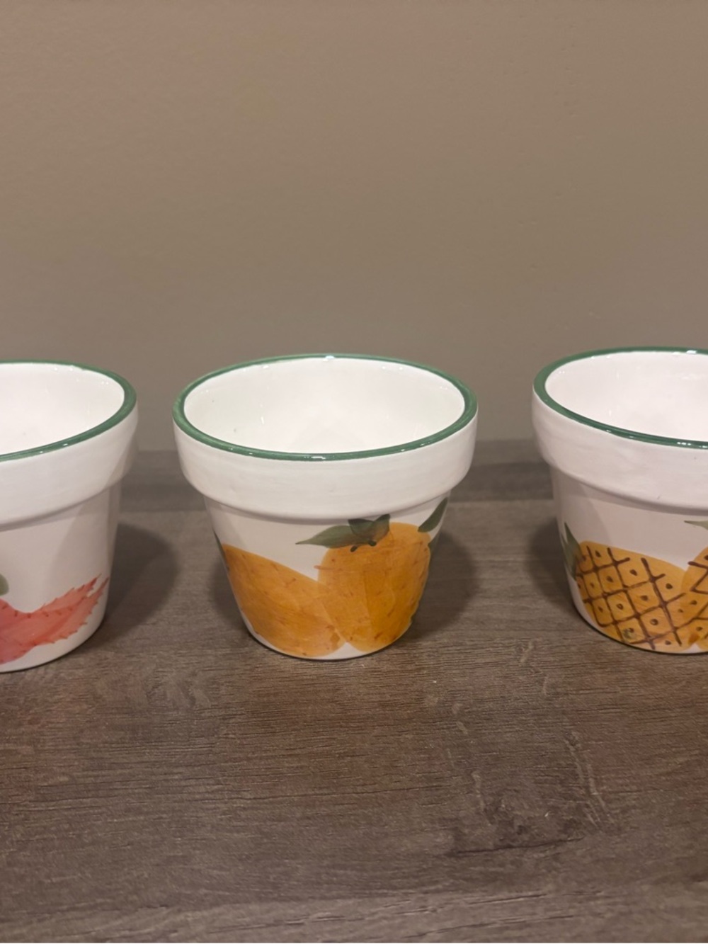 3 Matching Small Hand-Painted Ceramic Planters with Fruit Designs